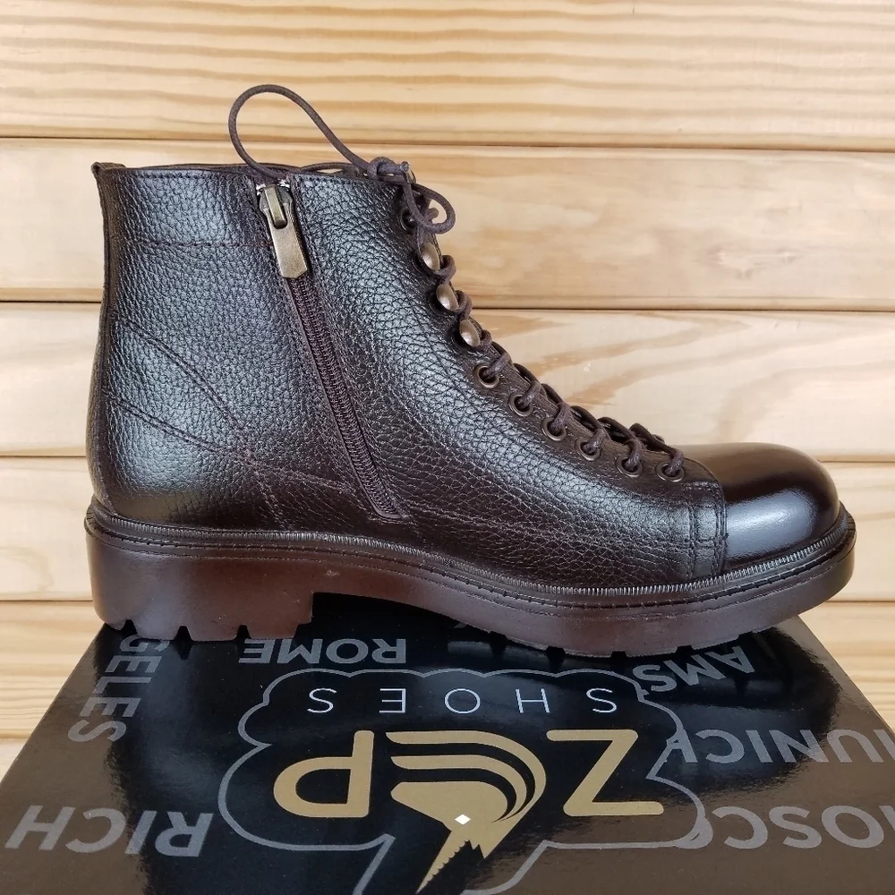 Men's 8M 100% Genuine Leather Brown Ankle Boots by Paul Branco Side Zip Lace-up